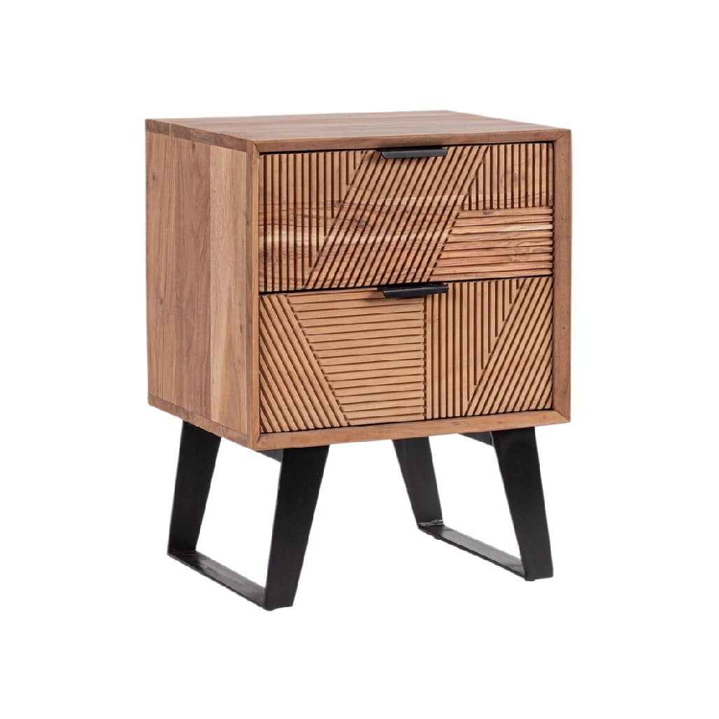 **Comodino Moderno in Legno con Finitura Geometrica e Gambe in Metallo**