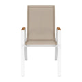 Sedia da giardino in alluminio bianco con braccioli in legno e tessuto resistente.